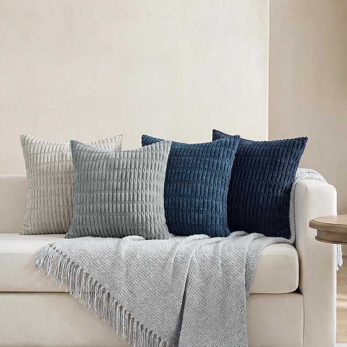 Softalker Throw Pillow Covers 22x22 Inch, Set of 4, Corduroy Soft Striped Farmhouse Boho Pillow Cover, Modern Decorative Cushion Pillow Case for Couch Sofa Bedroom Living Room, Grey/Blue