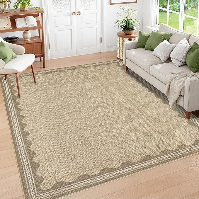 8x10 Scalloped Area Rugs Jute Washable Living Room Bedroom Rug | Solid Tan Rug for Bedroom Girls, Non Slip Throw Carpet With Rubber Back, Soft Dorm Nursery Scalloped Rugs for Dining Room