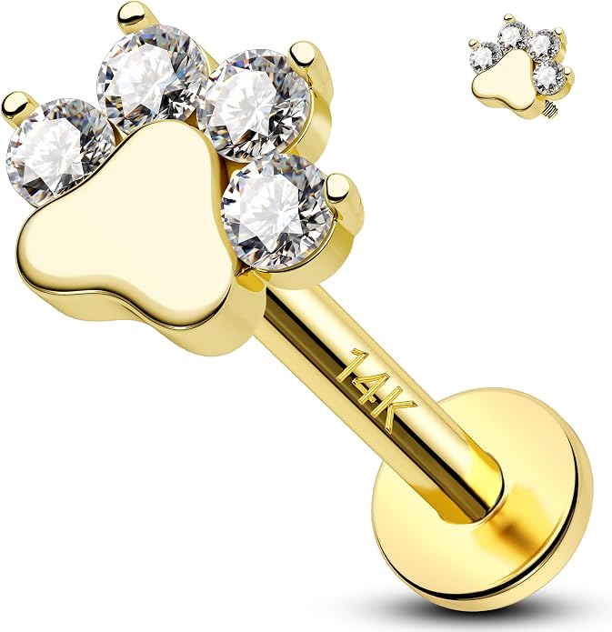 Melighting 14K Solid Gold Paw Dog Cartilage Earring Internally Threaded 16G Helix Piercing Jewelry Clear CZ Helix Earring for Women 8mm Flat Back Stud Earring