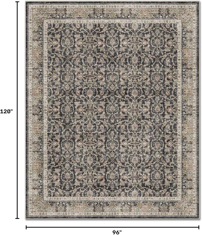 Boho Washable 8x10 Area Rugs for Living Room, Cushioned, Black/Navy Blue | Vintage Non-slip Neutral Oriental Rugs for Bedroom Dining Room Nursery Office High Traffic Area