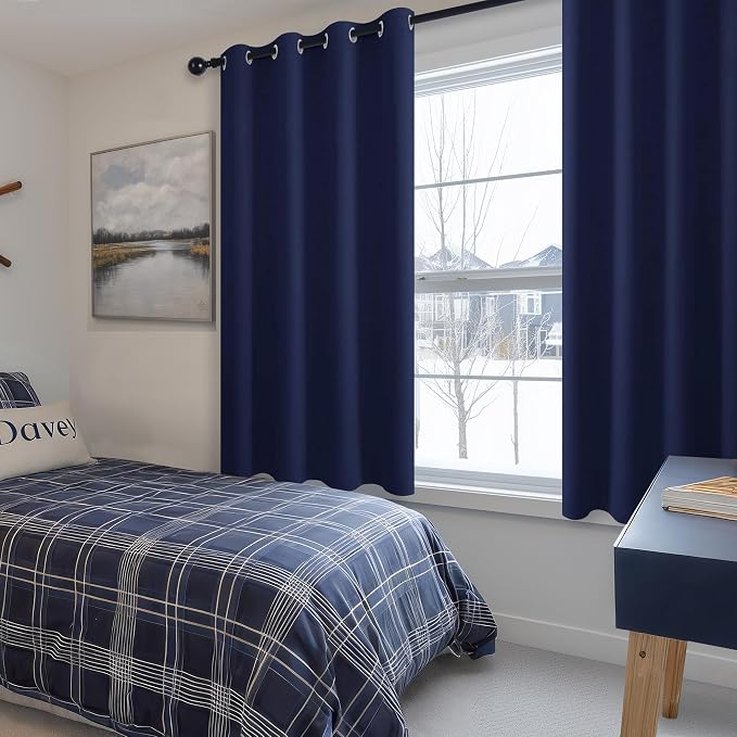 Hiasan Blackout Curtains for Bedroom - Thermal Insulated & Light Blocking Window Curtains for Living Room/Kids Room, 2 Drape Panels Sewn with Tiebacks, Navy Blue, 52 x 45 Inch