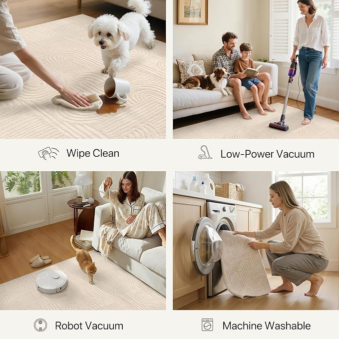 GENIMO Soft Washable Area Rugs 8x10, 3D Modern Arch Pattern Living Room Rug, High-Low Pile Textured Non Slip Fuzzy Carpet, Non-Shedding Stain Resistant Beige Rugs for Bedroom, Dining Room, Nursery