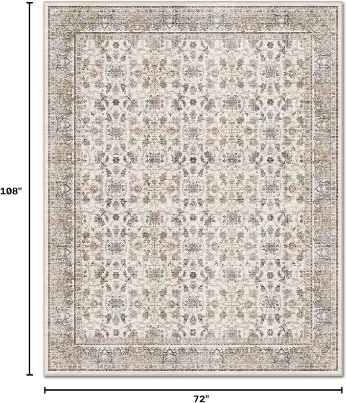 Boho Washable 6x9 Area Rugs for Living Room, Cushioned, Cream/Blue | Vintage Non-slip Neutral Oriental Rugs for Bedroom Dining Room Nursery Office High Traffic Area
