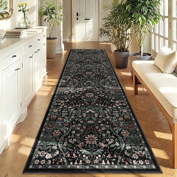 3x10 Washable Runner Rug,Black Floral Boho Area Rug for Hallway,Low-Pile Non-Slip Stain Resistant Carpet for Kitchen, Bedside,Laundry Room,Entryway