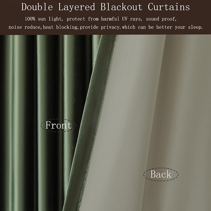 PRIMROSE Full Blackout Olive Green Velvet Curtains 102 inch Long for Living Room,2 Liner Rod Pocket Back Tab Thermal Window Curtains Room Darkening Heavy Decorative Curtain Drapes for Bedroom