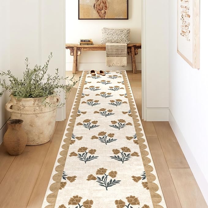 Non Slip Washable Hallway Runner Rug - 2x12 Extra Long Beige Kitchen Runner Rug Soft Boho Runners for Hallways Vintage Floral Scalloped Area Rug for Bedroom Entryway Foyer Stair Runner Decor