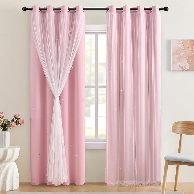 XiDi Light Pink Blackout Curtains for Girls Bedroom 90 Inches Long 2 Panels, Thermal Insulated Room Darkening Drapes for Nursery Living Room Grommet Top Noise Reducing Hollow Star Curtains W34 x L90