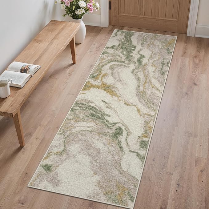 GENIMO Runner Rug Non Slip 2x6, Washable Rug Runner for Hallways Kitchen, Abstract Modern Kitchen Rugs, Low Pile Lightweight Carpet Runners for Entryway, Bedroom, Laundry, Green Pink