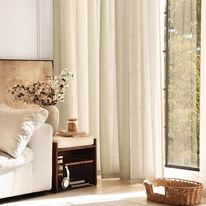 Greyish Beige Linen Curtain 90 inch Length 2 Panels Set Back Tab Light Filtering Living Room Curtain Drapes Home Office Modern Minimalist Decor Farmhouse Boho Neutral Semi Sheer Curtain 90 inch Long