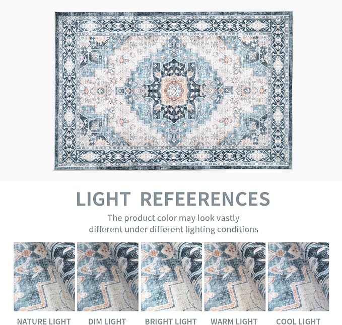Washable 8×10 Area Rug for Living Room, Vintage Floral Rug Soft Non Slip Stain Resistant Boho Carpet for Indoor Bedroom Dinning Room Home Office Blue/Ivory