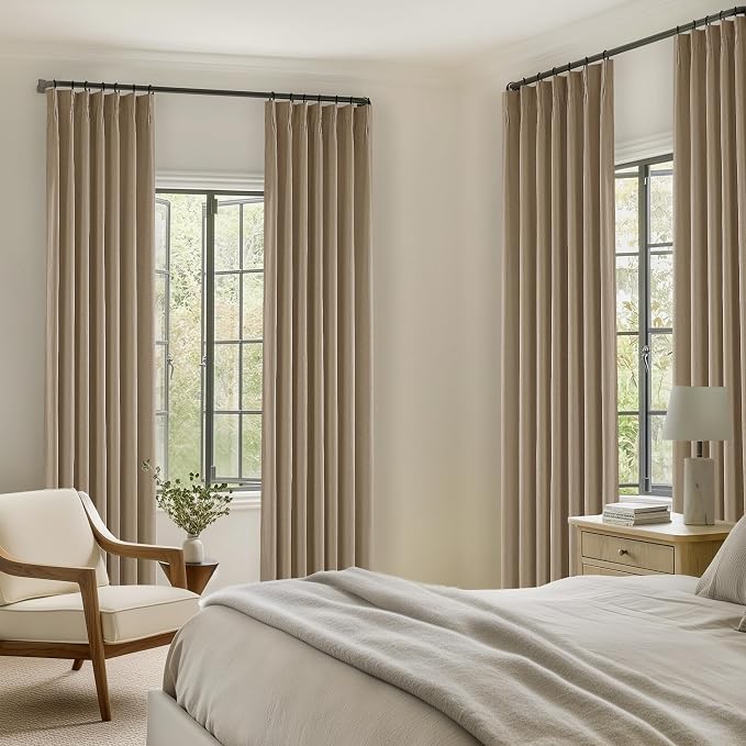 Light Brown Linen Blackout 92 Inch Curtains for Living Room 2 Panels Set | Pinch Pleated Back Tab, Thermal Insulated Full Black Out Curtains, Memory Shape, for Bedroom High Ceiling to Floor, 40x92