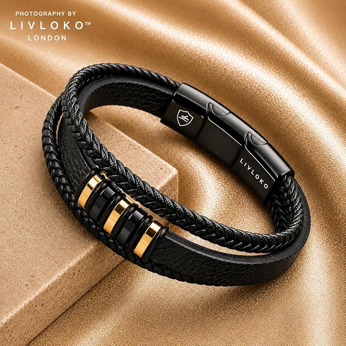 LONDON Mens Bracelet Leather Black Multi-Layer Stone Beads Adjustable Steel Clasp Viking Rope Bands Surfer Man Wristband Male UK Jewellery Gift box Boyfriend Dad Son Brother Tiger Eye