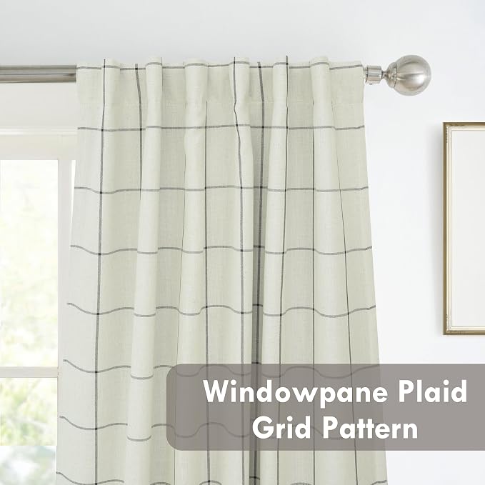 DriftAway 100% Blackout Windowpane Plaid Linen Curtains 54 Inches Black | Double Layer Farmhouse Drapes for Living Room Bedroom Yarn Dyed Woven Thermal Insulated Rod Pocket Back Tab 2 Panels