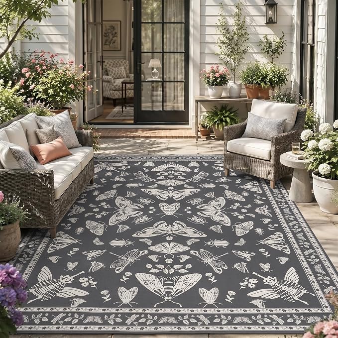 AMOAMI-Outdoor Rug-Patio Rug 5x8 ft Quick Dry Machine Washable Flatweave Textured Outdoor Carpet with Rubber Particles Backing Indoor Outdoor Rug for Patio Deck Front Porch Balcony Greyish Black