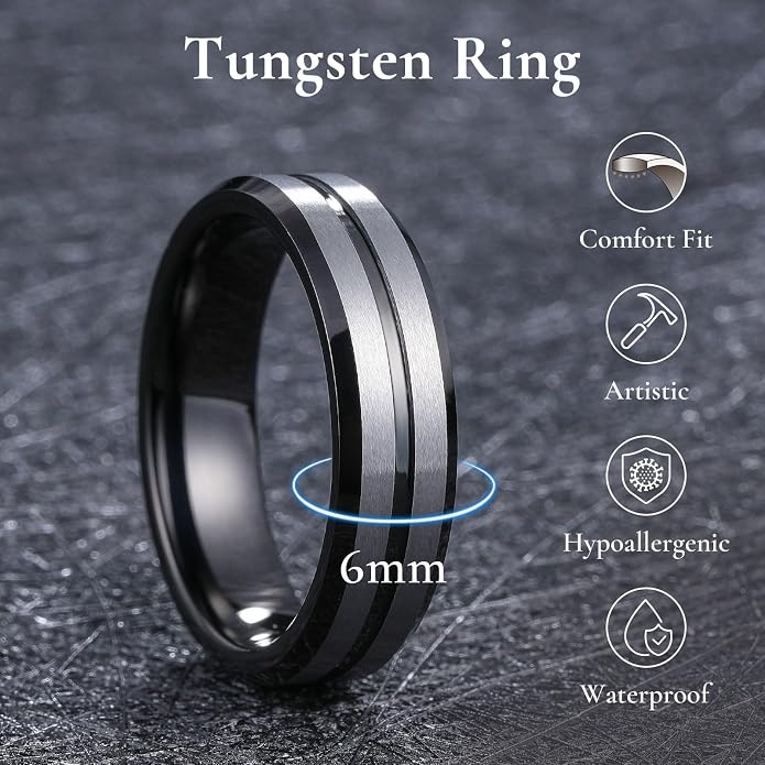 King Will Tungsten Carbide Wedding Band for Men Women-6/8/10mm Width Multicolor Available with Grooved Center Wedding Ring Suitable for Work, Gym Comfort Fit Size 4-16