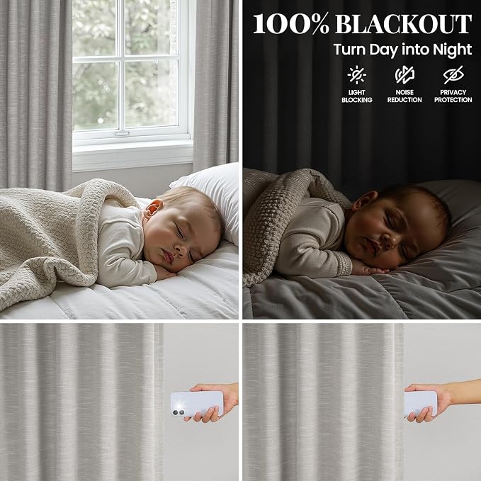 Topfinel Grey Beige Blackout 102 Inch Long Linen Curtains for Bedroom Living Room Darkening, Rod Pocket & Back Tabs Privacy Protection Curtains Minimalist Living Room Drapes Grey Beige 52" W*102" L