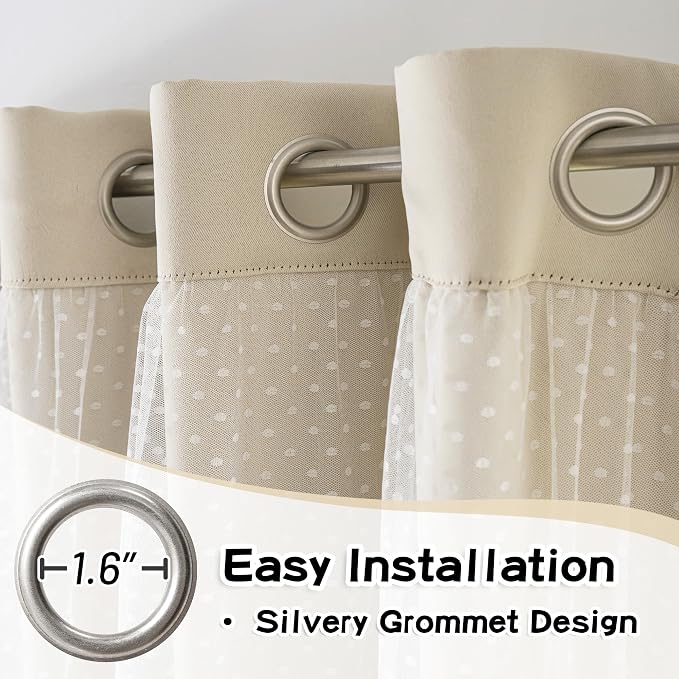 MYSKY HOME Beige Blackout Short Curtains for Bedroom with Polka Dots Sheer Overlay Boho Cream Elegante Nursery Girls Room Curtains 63 inch Long, Grommet Tops, 52" Wide Each Panel, 2 Panels