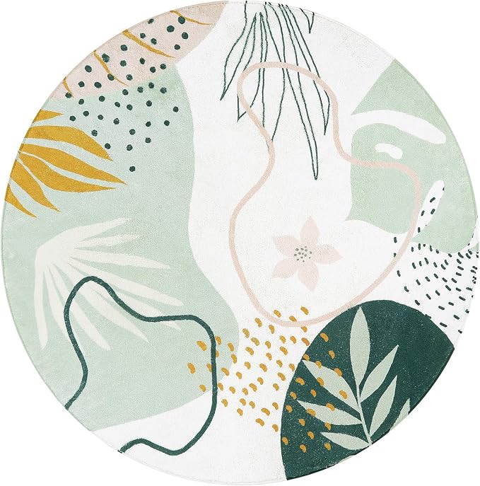 Lahome Green Washable Round Rug - 6Ft Round Area Rug for Living Room Throw Soft Boho Round Rug Large Non-Slip Round Dining Room Rug, Botanical Print Round Carpet for Bedroom Entryway Classroom Dorm