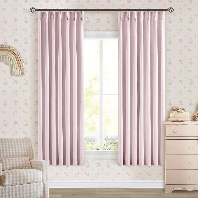 Light Pink 63 Inch Length Blackout Pinch Pleated Linen Curtains with Liner | Memory Trained Pleat with Hooks Rings, Thermal Insulated, 100% Black Out Curtains for Small Window Bedroom Nursery 2 Panels