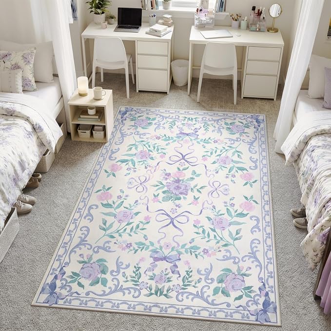 Collive Purple Floral Rugs for Girls, 5x7 Washable Bow Area Rug for Living Room, Cute Ultra-Thin Non Slip Indoor Decor Carpet for Nursery Kids Room Bedroom Playroom (Purple 5' x 7')