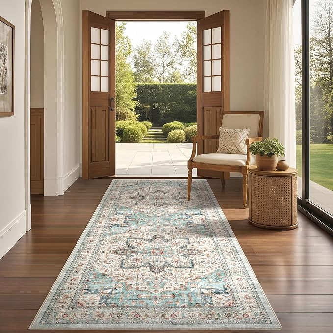Tortania Area Rug 2x6 Runner Rugs - Washable Vintage Oriental Farmhouse Thin Indoor Carpet for Living Room Bedroom Hallway Entryway Kitchen Under Dining Table Home Office - Aqua Multi
