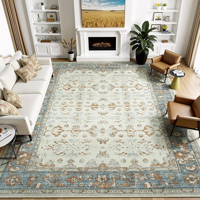 Lessymo Washable Area Rug for Living Room,9x12 Large Rugs with Non-Slip Backing,Soft Boho Carpets for Bedroom Dining Room Nursery Home Office,Light Brow