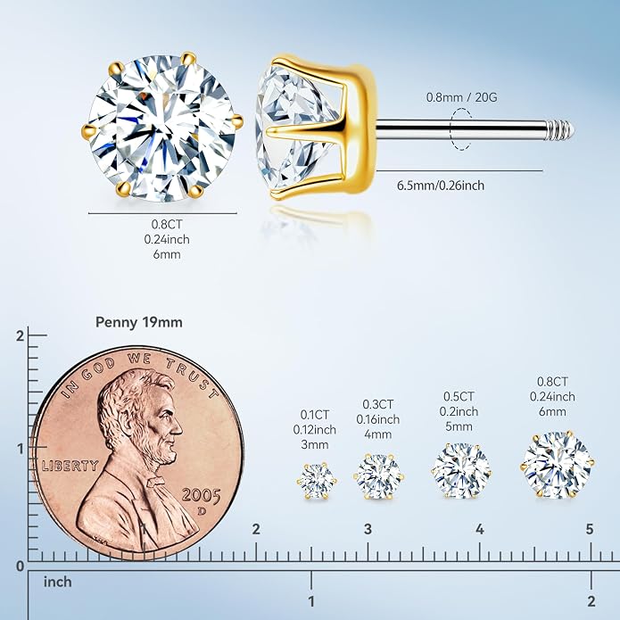 Limerencia Moissanite Stud Earrings G23 Titanium Hypoallergenic Screw Back Moissanite Earrings D Color VVS1 Clarity Jewelry Gifts for Women Men 0.2CT-1.6CT