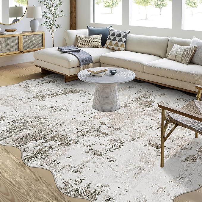 ROYHOME 10x13 Modern Scalloped Abstract Faux Wool Accent Rug for Living Room Low Pile Ultra Soft Stain Resistant Non Slip Non Shedding Throw Rug for Bedroom Home Decor, Taupe