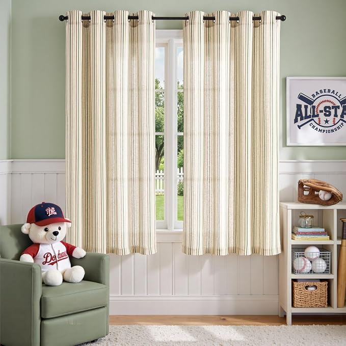 Vangao Linen Stripe Nursery Curtains for Kids Tickingstripe Light Filtering Window Curtains Colorful Pinstripe Printed Drapes 63 Inches Long for Living Room Boys Bedroom Colorful Green 2 Panels