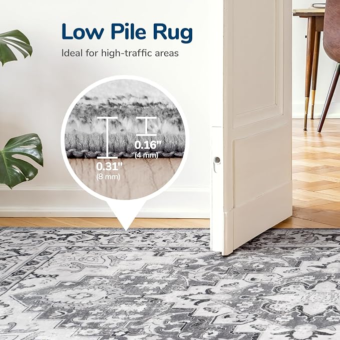 Lessymo 8FT Washable Round Area Rugs for Living Room, Non Slip Circle Rugs Low Pile Vintage Carpet for Bedroom, Dining Room, Nursery, Home Office, Grey Beige