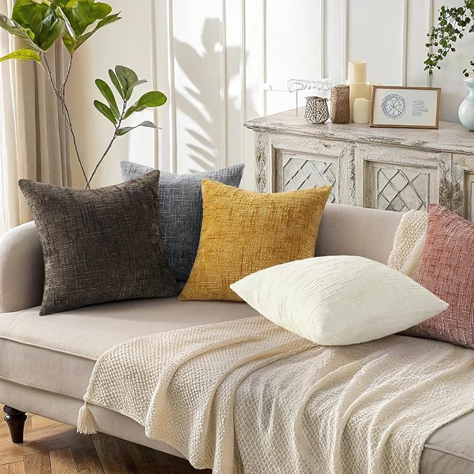 decorUhome Textured Chenille Throw Pillow Covers 16x16 Set of 2 Pink | Fall Modern Farmhouse Soft Cozy Slubby Couch Pillow Cases Boho Decorative Pillow Cases for Bed Sofa Living Room Home Decor