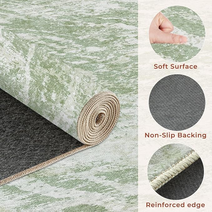 DMOYEST 8ft Round Washable Area Rug for Living Room: Modern Abstract Neutral Circle Carpet, 8x8 Soft Low Pile Non-Slip Floor Mat for Bedroom Under Dining Table, Kids & Pet - Green