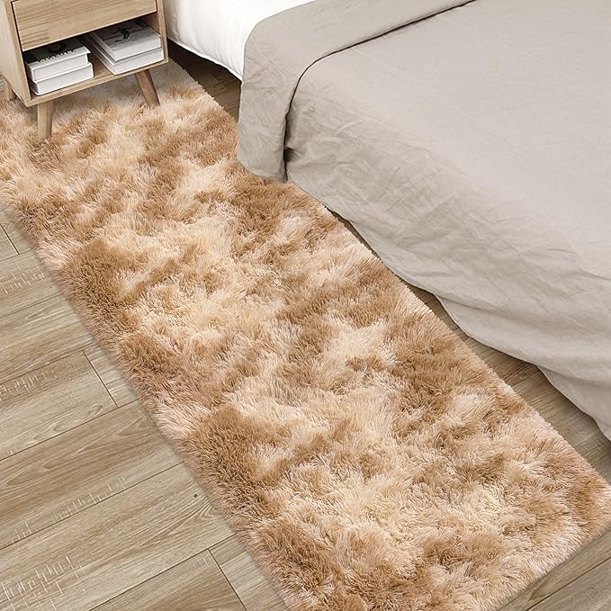 2x6 Soft Fluffy Beige Runner Rug for Bedroom Hallway, Plush Shag Rug Tan Carpet Non Slip Washable for Nursery Dorm Living Room, Fuzzy Bedside Long Rug Runner for Kids Girls Room Decor