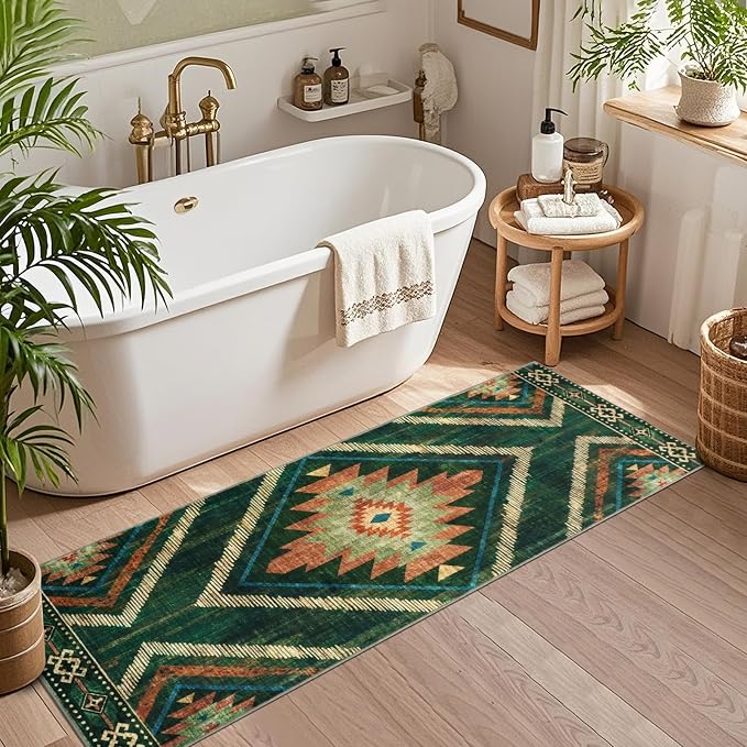 Runner Rugs for Hallway Boho 2x6Ft Non Slip, Green Moroccan Washable Farmhouse Kitchen Rug Runner Non Slip, Soft Geometric Bedroom Entryway Floor Carpet for Entrance Home Decor