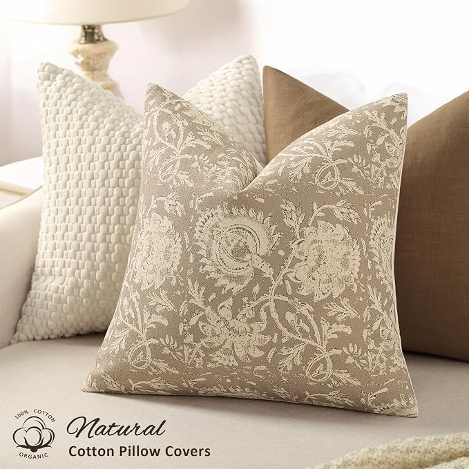 Vintage Floral Print Throw Pillow Covers 22x22 Set of 2 Neutral Modern Farmhouse Pillowcases Accent Decorative Cushion Covers Boho Home Decor for Couch Sofa Chair Bed Living Room, Latte