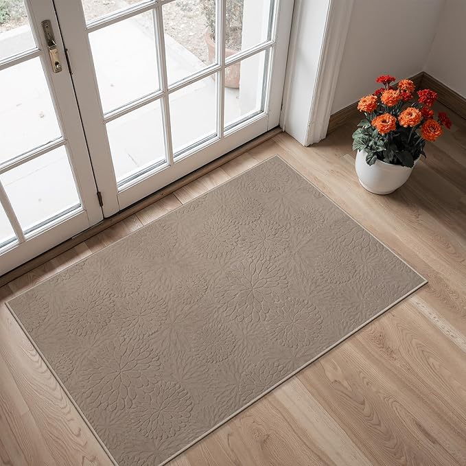 GENIMO Soft Washable Area Rugs 4x6, 3D Modern Floral Rugs for Living Room, High-Low Pile Textured Non Slip Fuzzy Shag Carpet, Non-Shedding Stain Resistant Light Brown Rugs for Bedroom, Dining Room