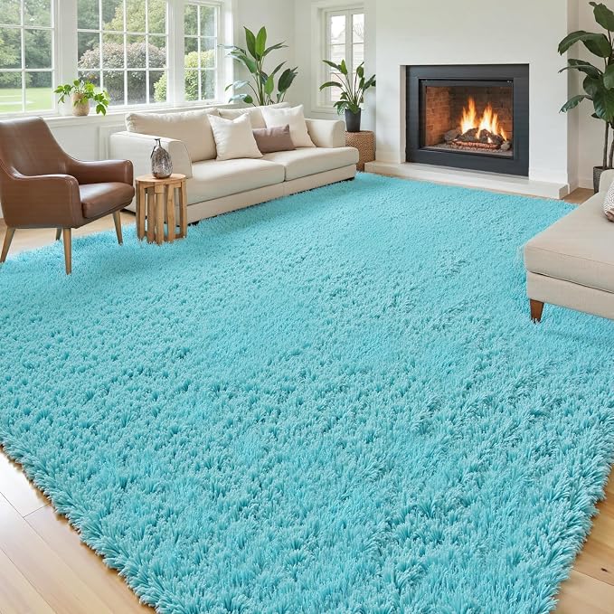 Area Rugs 9x12 Living Room, Large Area Rug Shaggy Carpet Soft Plush Furry Bedside Rug, Machine Washable Area Rugs for Bedroom Home Decor Non-Slip(9 x 12, Teal Blue)