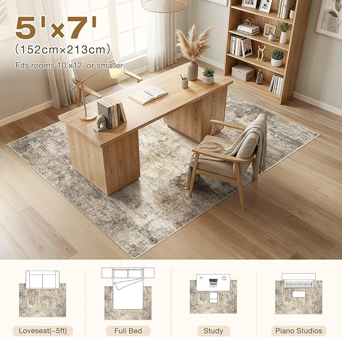 cotiled 5x7 Area Rugs Abstract Soft Non Slip Washable Living Room Rug | Stain Resistant, Robot Vacuum & Pet Friendly, Low-pile, For Living Room, Bedroom, Dining Table, Nursery Brown