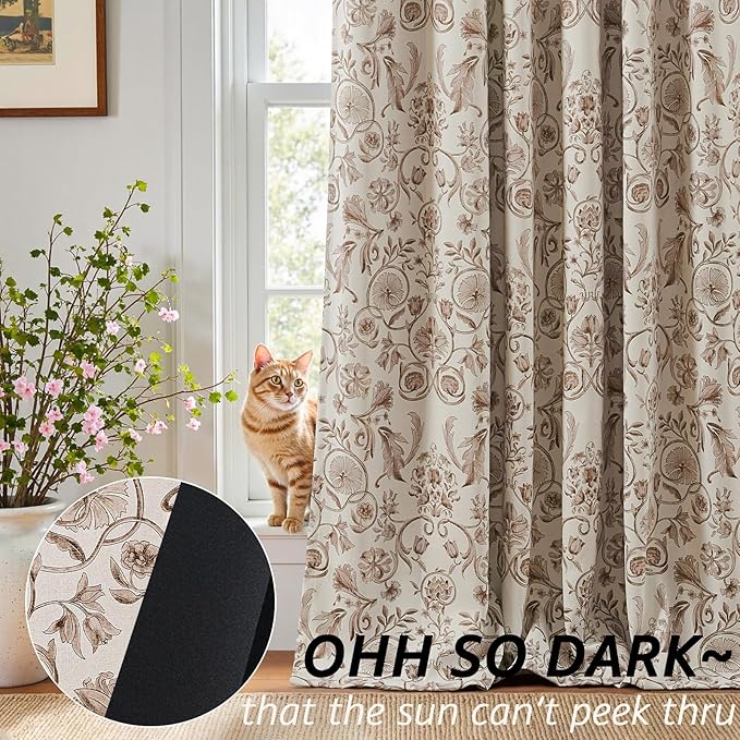 jinchan Taupe Floral Blackout Curtains 96 Inch Farmhouse Back Tab 2 Panels | Taupe on beige, room darkening, traditional vintage drapes, bedroom, living room, botanical, flower print, window treatment