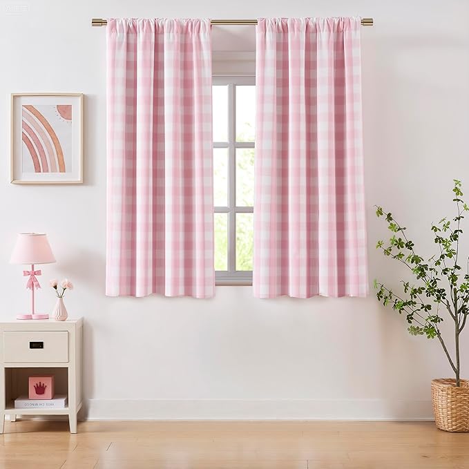 Pink White Full Blackout Curtain Panels 63 Inches Long | Buffalo Plaid Farmhouse Drapes with Room Darkening Liner,Thermal Insulated Window Treatment,Rod Pocket Back Tabs,Pack of 2