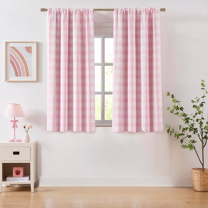 72 Inch Pink White Plaid Full Blackout Curtains for Girls Room | Buffalo Check Farmhouse Thermal Insulate Drape,Modern Bedroom Living Room Window Treatment,Rod Pocket Back Tabs,Pack of 2