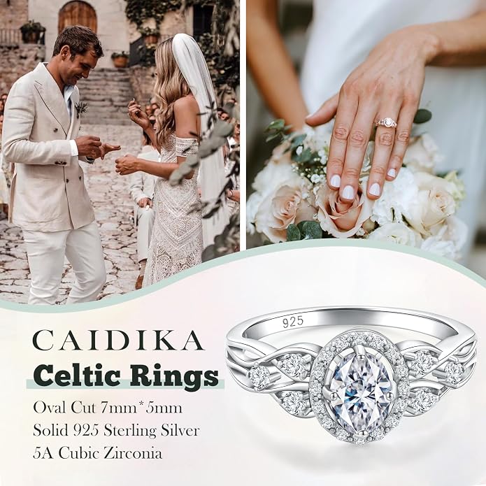 925 Sterling Silver Celtic Knot Engagement Ring for Women Moissanite/Cubic Zirconia Inlaid Oval Shaped Birthstone Rings Cocktail Wedding Birthday Jewelry(with Box)