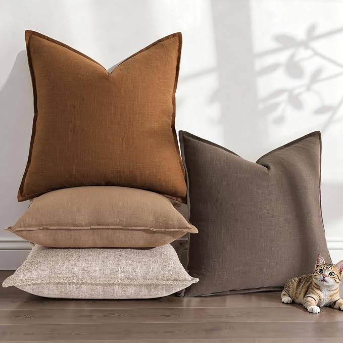 decorUhome Fall Brick Linen Throw Pillow Covers 18x18 Set of 2 | Decorative Soft Cozy Modern Farmhouse Boho Accent Pillow Cases with Flange Edges for Couch Bed Sofa Living Room Home Decor