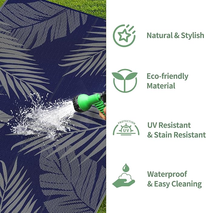 GENIMO Outdoor Rug, Waterproof Plastic Rugs 10'x14' for Camping Blue Grey | Outside Larger Leaf Carpet Mat for Porch Decor, Deck, Camping, RV, Backyard, Balcony, Picnic, Beach, Reversible, Foldable