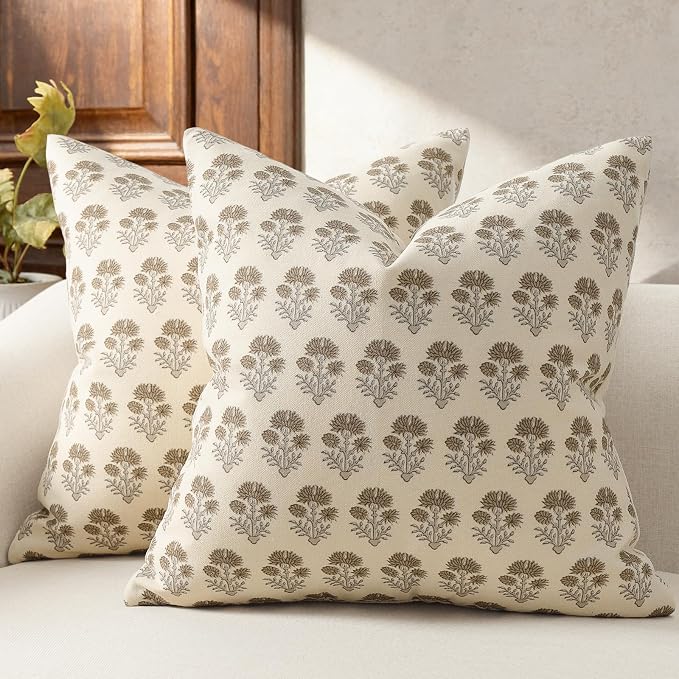 Farmhouse Floral Pillow Covers 22x22 Set of 2, Country Botanical Throw Pillow Cover for Sofa Couch Bed Living Room, Rustic Vintage Flower Cushion Covers Cottage Home Decor,Vintage Walnut