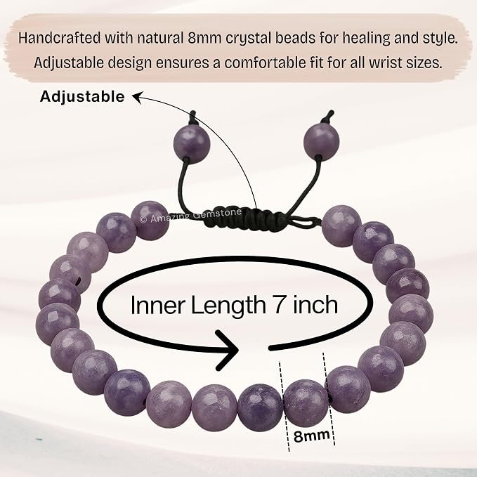 Amazing Gemstone Lepidolite Bracelet for Women Men's Gifts - Protection Healing Crystal Bracelet - 8mm Gemstones Beaded Adjustable Bracelet Pulseras para Hombres Mujer Stocking Stuffers