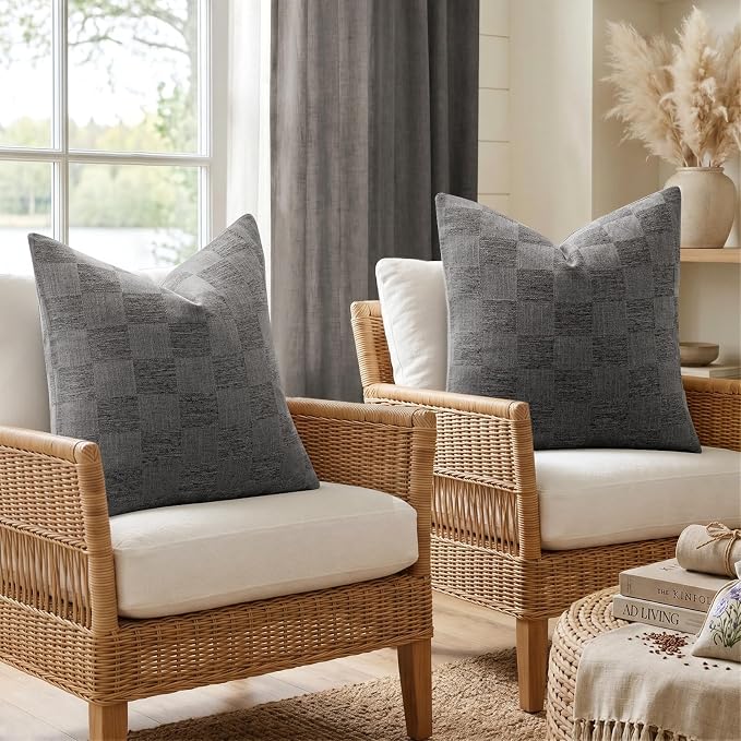a moment Set of 2 Decorative Linen Throw Pillow Covers,Large Grid Textured Neutral Boho Farmhouse Cushion Covers,Soft Aesthetic Pillowcases for Couch Sofa Living Room Home Decor,18x18 Inch,Dark Gray