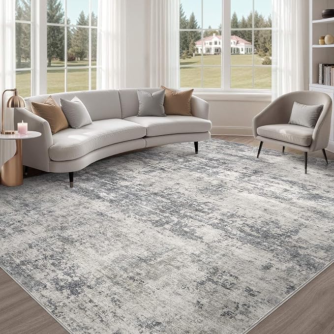 Abstract 8x10 Area Rug: Machine Washable Non Slip Ultra Thin Low-Pile Carpet, Soft Stain Resistant for Living Dining Room Bedroom, Kid Pet Friendly, Robot Vacuum Compatible - Beige Dark Grey