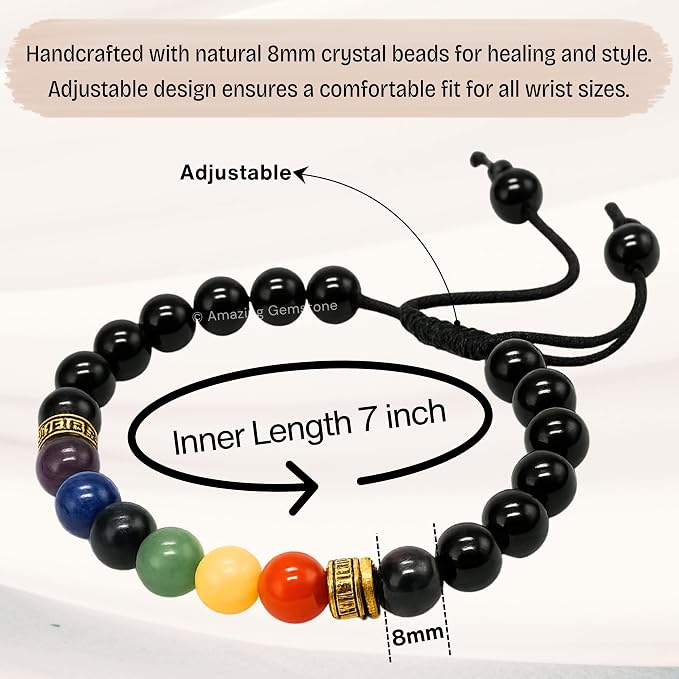 Amazing Gemstone Chakra Black Obsidian Bracelet, Gifts for Men & Women - Protection Healing Crystal Bracelet - 8mm Gemstone Beaded Adjustable Bracelet, Pulseras para Hombres Mujer Stocking Stuffers