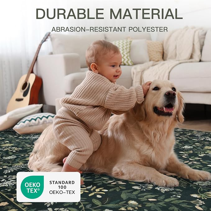 8x10 Vintage Washable Area Rug, Green | Living Room,Low Pile Non Slip Carpet Non-Shedding Large Soft Indoor Stain Resistant Floral Print Mat for Bedroom Dining Room